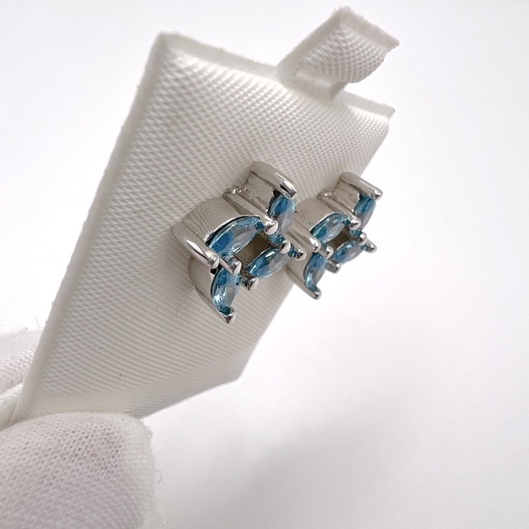 .925 Sterling Silver Marquis Blue Topaz Cz Earrings - Picture 4 of 12